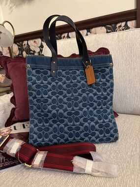 Coach Washed Denim Signature Field Tote Blue Leather Trim Crossbody